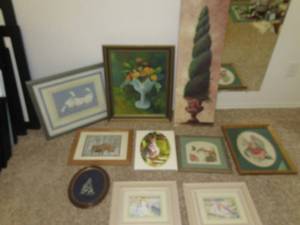 lot 24 image: HOME DECOR INCLUDING MOOSE DRAWING BY BUTLER,  NEEDLE POINT AND MORE