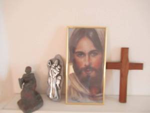 lot 46 image: FRAMED PITURES OF JESUS BY BETTE MYERS 16 TALL, WOOD CRUCIFIX, METAL SHEPARD WITH LAMBS AND WOOD CARVED SHEPARD WITH LAMB