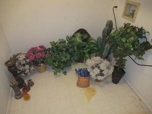 lot 55 image: FAUX FLOWERS, FAUX CACTUS AND CANDLE STICKS