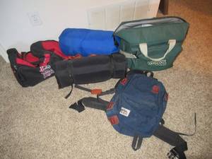 lot 68 image: CLOSET LOT INCLUDES TRAVEL BAGS, SLUMBERJACK SLEEPING MAT, INFLATABLE MATTRESS, VARIOUS SHEETS AND MORE