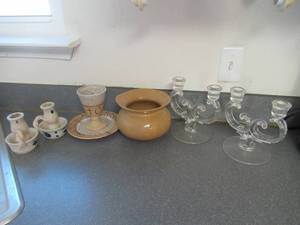 lot 82 image: BYBEE POTTERY SQUAT VASE, COMMUNION PLATE AND CUP, 2 CANDLE STICK HOLDERS
