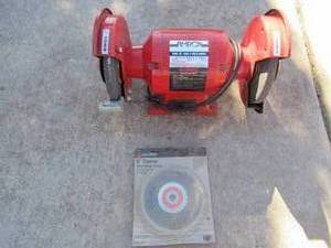 lot 118 image: AMROX 8  BENCH GRINDER MODEL# 7500A WITH 6 WIRE BRUSH WHEEL