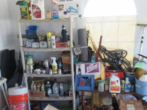lot 133 image: PLASTIC SHELF 34 X 14 X 74 AND CONTENTS AND WOOD SHELF 64 X 14 X 25