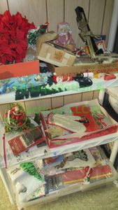 lot 59 image: Assorted Chritmas decor includes shelving unit