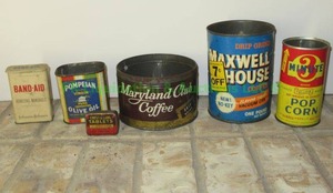 lot 80 image: Vintage mid century commercial tins including Band-Aid, 3 minute pop corn, Maxwell House coffee plus
