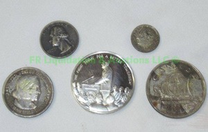 lot 151 image: All Silver coins, pre 1965 silver quarter & dime, Sterling commemorative coin, 1949 Canadian silver dollar. 5 coins