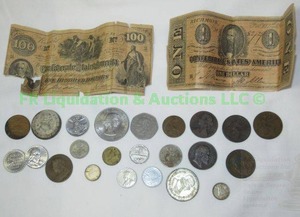 lot 152 image: Vintage foreign coins, 1920 British pennies, 1939 Italia coin, plus. Includes reproduction civil war paper money