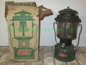 lot 96 image: Vintage Coleman gas lantern with Pyrex glass globe & original box