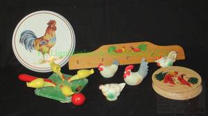 lot 285 image: Vintage Brio made in Sweden chicken pecking paddle game and other rooster collectibles