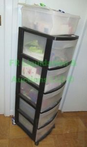 lot 239 image: Sterilite plastic storage drawers loaded with sewing notions plus