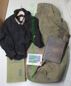 lot 307 image: Vintage 1950s wool Navy shirt, military duffle bag, Flight training school books