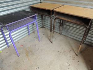 lot 33 image: 3 school desks - 2 brown 1 purple chalk board top with metal legs