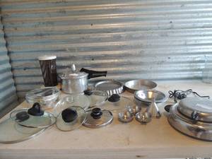 lot 37 image: Mirro pressure cooker, moulinex mixer ( no bottom) lots of  pots and pan lids pie cover metal waffle maker and more