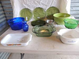 lot 39 image: 2 Corning dishes,  7 green glass plates, large green mixing bow,  Large BLUE mixing bowl, 8x8 qt baking pan anchor hocking fire king 1 12 qt. baking glass pan