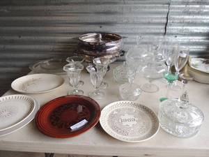lot 52 image: Large lot of crystal candy dishes with lids, 8 long stemmed 2000 champagne flute, 3 brass duck heads, silver plates 2 twisted stem green and black wine glasses and more