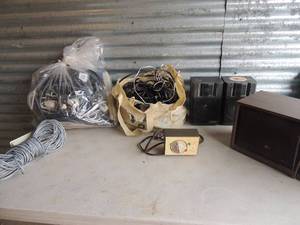 lot 55 image: Various speakers and 2 bags of speaker and computer wires, USB cards and more