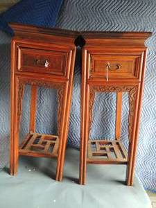 lot 121 image: TAIWAN Wooden bedside tables with one drawer 36 tall 12 wide restored in Taiwan very ornate  QTY 2  ( RETAILED AT $995 SET)