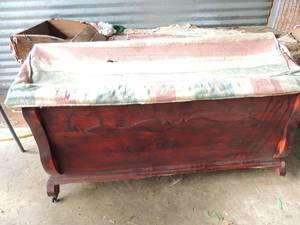 lot 123 image: Vintage bunk house bed and storage and dark brown solid wooden chest ( top needs to be repaired)