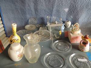 lot 138 image: 4 glass plates embossed with houses, vases, ,decorator plates, crystal candydishes, lemonchello vase danny deVito