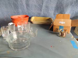 lot 139 image: Glass punch  bowl with 4 punch cups, set of 5 Douglas Fairbanks 1920 whisky glasses,   2 metal orange pumpkin buckets stuck together 1 bettington pottery 1 1887 oven pan