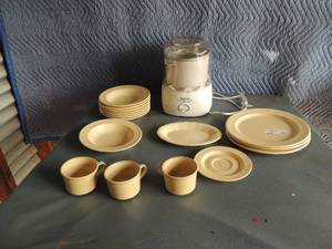 lot 142 image: Beige dish set 3 cups, 3 plates, 8 bowls, 1 butter tray, 1 saucer and Cuisinart ice cream maker