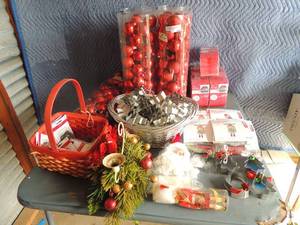 lot 144 image: Christmas lot-- red and clear bulbs,  large car bow x 3,  shrink art ornament,  art candle holders with christmas decor, hooks, cookie cutters and more   NEW