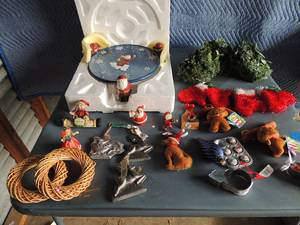 lot 145 image: Christmas ornaments, wicker wreath, garland, Santa Plate NIB santa cake pedistal plate NEW