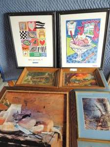 lot 155 image: Various wall art-covered bridge, fall scene, morv Souvier, ice cream sundae, river, picnic