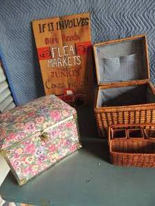 lot 157 image: Flower sewing box      wicker picnic basket and a flea market junk sign