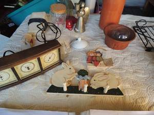 lot 159 image: Household lot-Clay wine bottles, angel candle holder, bunny wall hanger for keys, temp  humidity reader and more