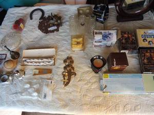 lot 162 image: Home lot- Lennox placecard holders NIB, Chrome tie and belt rack NIB, AVON Revolutionary soldier candle NIB, Correll S&P NIB