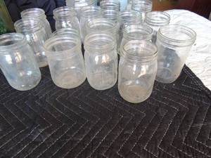 lot 167 image: Large lot of mason jars 5 oz and 8 oz. green glass jars, brown glass jars and 1 Vita most orange juice jar