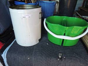 lot 182 image: 2 buckets blue with handle, green Libman Mop bucket double sided, double handled white bucket