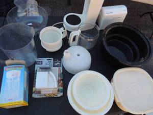 lot 56 image: Large Kitchen lot- Black and Decker can opener, assorted mixing bowls, water pitcher, various serving platters, scale