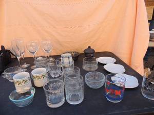 lot 75 image: Kitchen lot- wine glasses, coffee mugs, drinking glasses, candy dish, sugar bowl and more