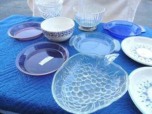lot 78 image: Glass lot- Glass bowl with silver bottom glass fruit bowl 2 hand painted under glaze plates 4 9 inch pie plates and crock bowl