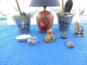 lot 84 image: Home decor- small bedside lamp with shade strawberry, 2 metal buckets, flowers  and garden with rock bottom and white flowers nic knacks honey bear, mama bear and more