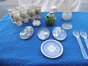 lot 97 image: 2 CANDLEWICK  solid glass spoons,     3 dcor plates trinity broadcast 2003-2004 Benny Hin plate The lord 8 red tea glasses and more