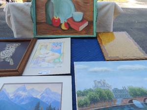 lot 101 image: Various wall art bridge by M. Brice, White Bear sitting at table in chair by B. Stone 1989 Des Derota  words dated 1682 Still life by Pete 12268