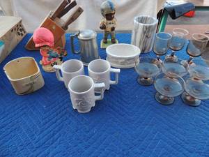 lot 119 image: 3 Frankoma 1980 whitesand mugs    Vintage dalt jat 5 sherbet cups oval bowl, knife block with knifes, little lady with ragety ann and clay boy boy football player