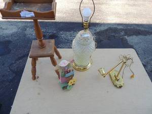 lot 188 image: Gold desk lamp clear glass lamp with no shade wood piece that says spring is here and a wood plant stand
