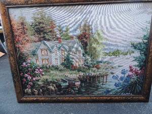 lot 211 image: Nuby Bomhna embroider pictures-Gold leaf 29x39,Cloth sevin star shape 24x24 fruit color frame 16x19 F. White 21216 Wooden house water wheel and rock river 24 x 20 fruit and wine by Furk 13x25r