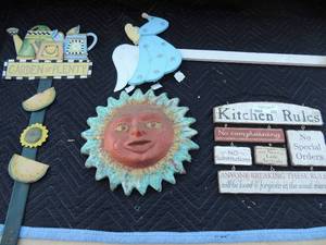 lot 225 image: Angel Garden stick metal sign garden of plenty sign, Hanging sun and moon for outside, Kitchen rules sign that says no substitutions no special rders no late arrivals