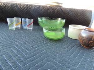 lot 227 image: 2 green  lace edge bowls, 4 designer shot glasses 1 small tan pottery bowl and CMC small vase
