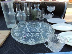 lot 228 image: Misc. glass lot including oil lamp chimneys, large glass platter, 3 flower vases union made gold edge oval plate OP Syracuse oval plate Rhythm Homer Laughlin oval plate