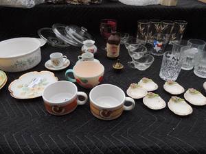 lot 247 image: Large lot of glass- 2 Houston harvest soup cups,    2 Treci Italy Tri color saucers,   drestin 2 mini tea cups matching saucers and  clear glasses  galore.