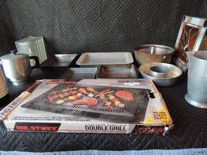 lot 258 image: Family sized double grill Mr. Stove NIB west bend electric coffee maker, Cost right aluminum pitcher, 2 bunt cake pans and various other metal baking pans