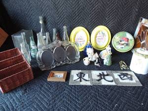 lot 262 image: Various antique soda pop bottles including Double cola grapette, fruit bowl soda dr. pepper and more. The decorative tiles, 2 yellow oval frames cat and Christmas dcor.