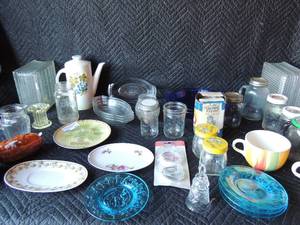 lot 263 image: Blue grape ironstone ceramic tea pitcher, capital of ireland oval plate, mason jar of all types and sizes some lids, 4 three little bear plates and more