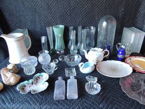 lot 267 image: Glass lot-  Flower vases, crystal bowls and candy dishes, decore bottles, 3 decorative plates, pitcher by johson brothers and more